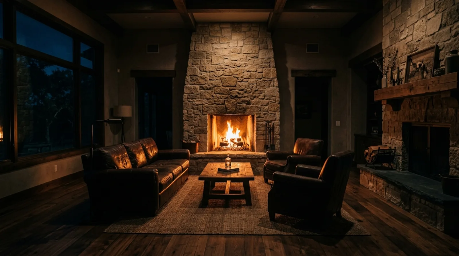 A Texas living room lit by a warm fireplace